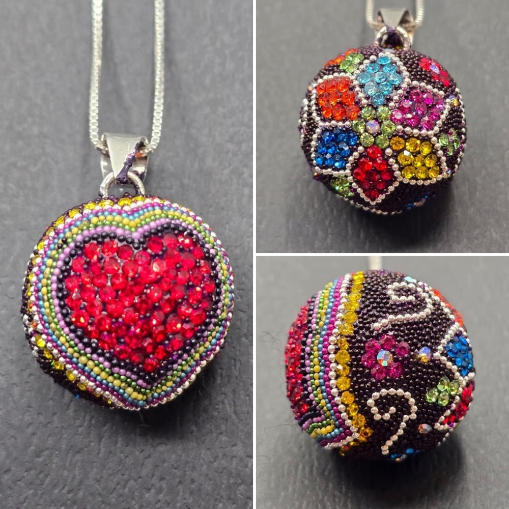 Sterling Silver Austrian Crystal Micro Beaded Mosaic Heart & Flower Bell Pendant